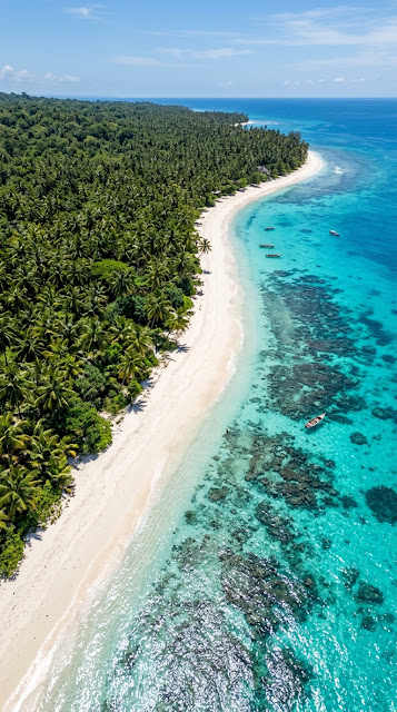 Drone View of Tropical Beach with Lush Palm Trees and Clear Water - Free mobile Wallpaper