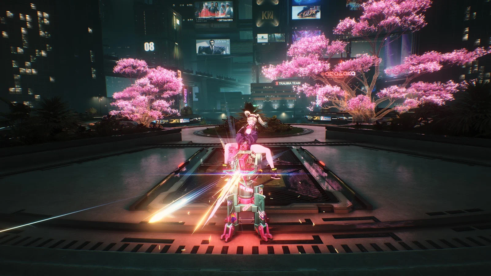 Cyberpunk 2077 Night City Plaza - Video Game Screenshot 5K Wallpaper (5120x2880)