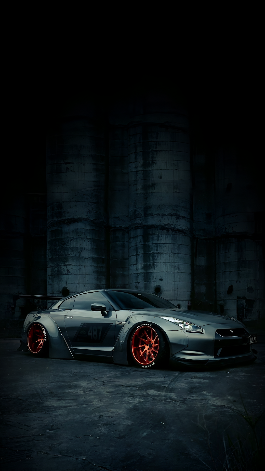 Nissan GTR Modified Dark Industrial Setting Red Rims - Free 4K mobile Wallpaper
