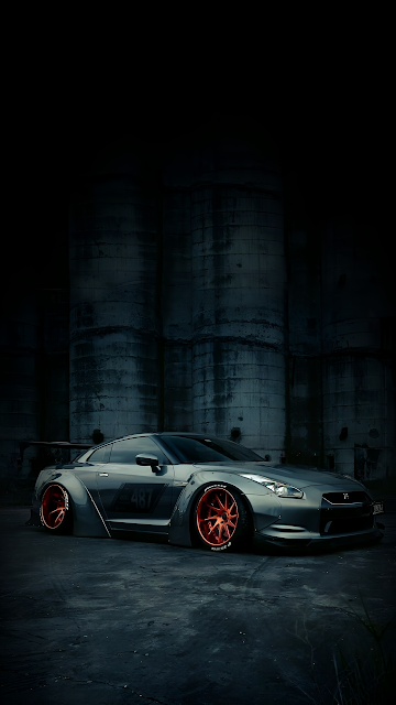Nissan GTR Modified Dark Industrial Setting Red Rims - Free mobile Wallpaper