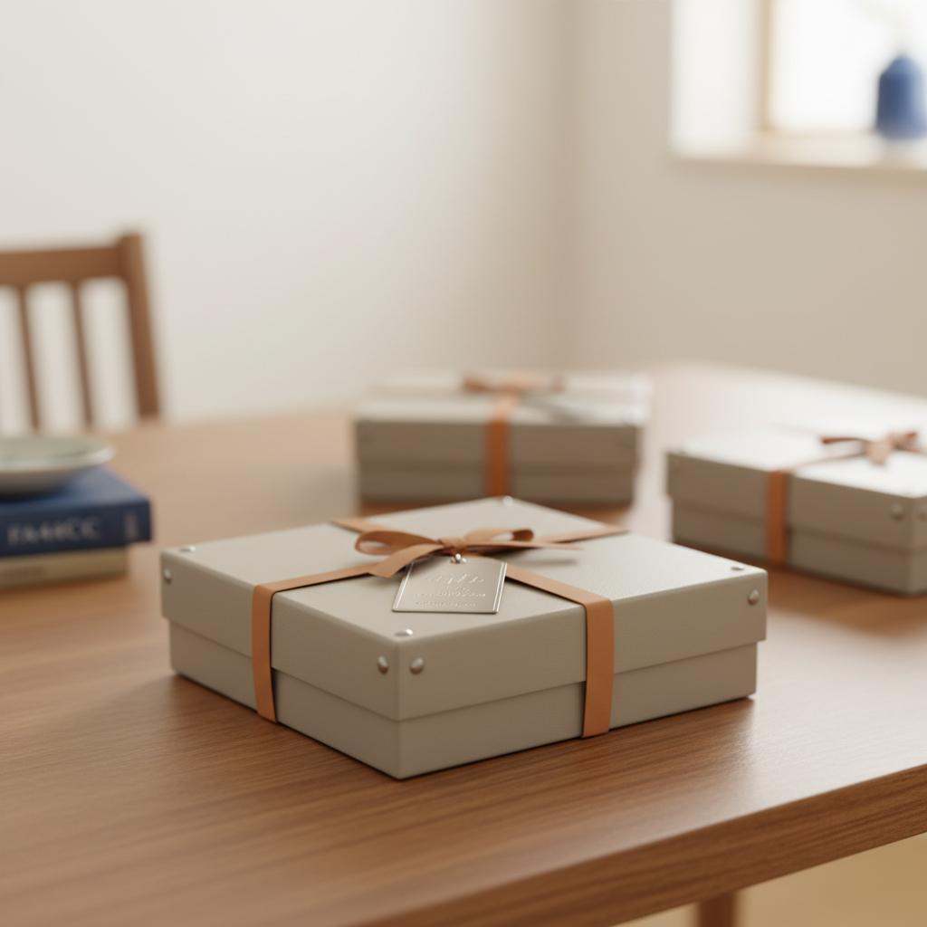 Detailaufnahme von Geschenken auf einem Esstisch mit graviertem Metallanhänger auf schlichter Geschenkbox – geschenkideen für papa, warmes Licht, Holz- und Metalltexturen