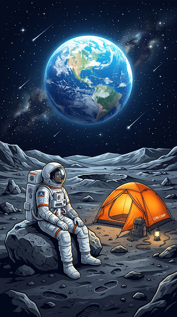 Stylized Illustration of an Astronaut Camping on the Moon Watching Earth - Free mobile Wallpaper