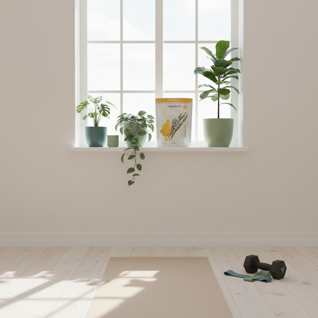 Minimalistische Heimtrainingsszene mit Yogamatte, Widerstandsbändern, Kurzhantel und Vegardians-Produkt auf Fensterbank — Krafttraining bei Rückenschmerzen, helles Morgenlicht