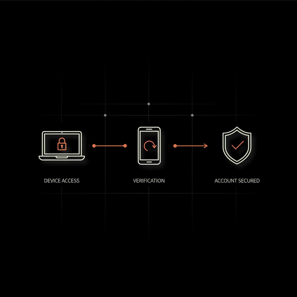 Minimal infographic on black background showing laptop, phone and shield linked by arrows, icons in #edf1e9 with #dc5c2b accents and subtle #dddddd dividers to illustrate how to recover hacked facebook account.