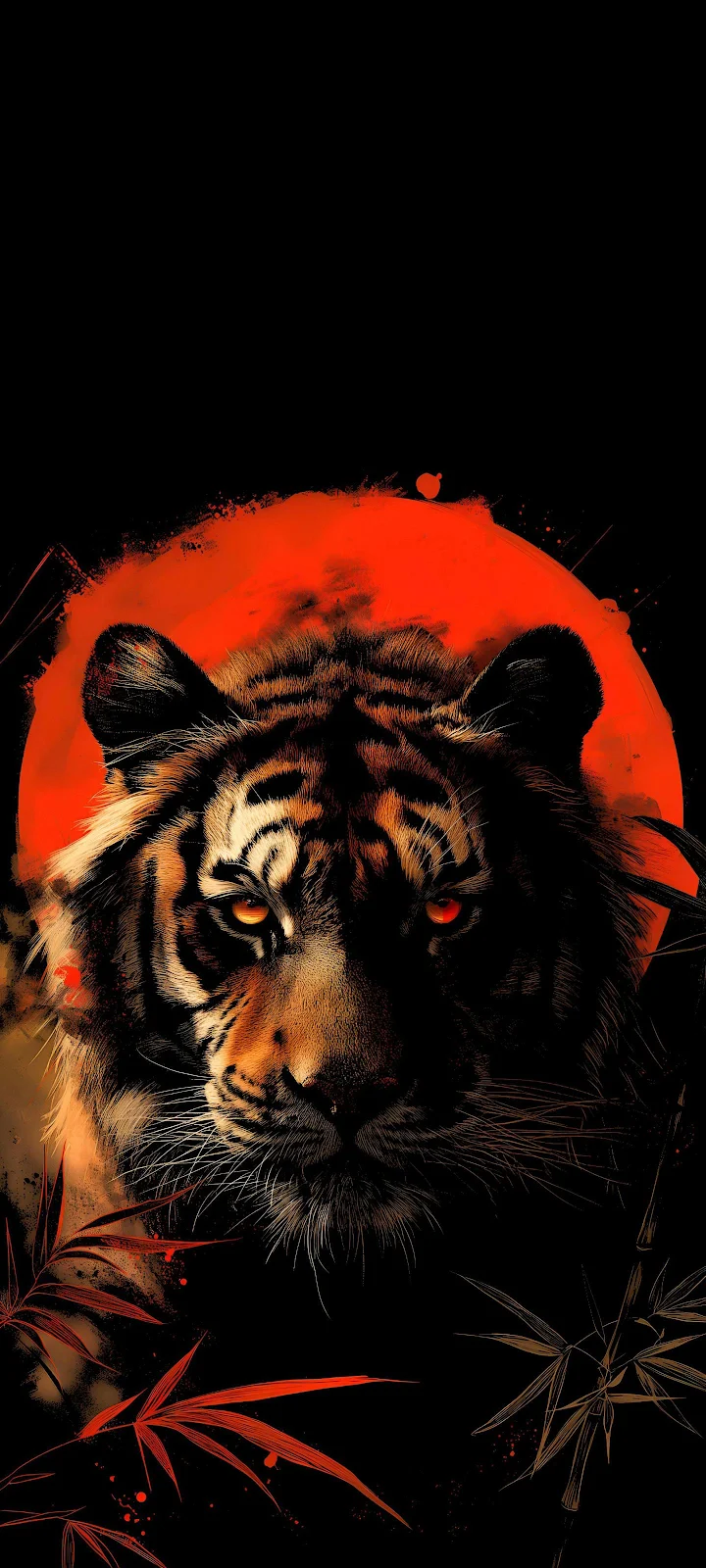 Tiger Under Red Moon - Digital Illustration 2K iPhone Wallpaper (1440x3200)