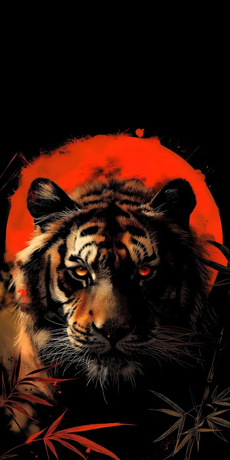 Tiger Under Red Moon 2K iPhone Phone Wallpaper