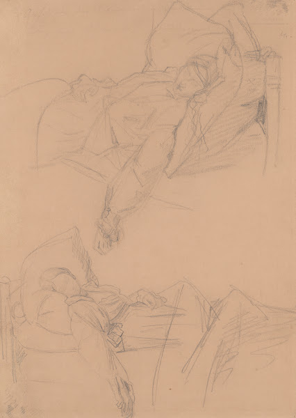 Two sketches of Barbara lying in bed for the painting Death of Barbara Radziwiłł