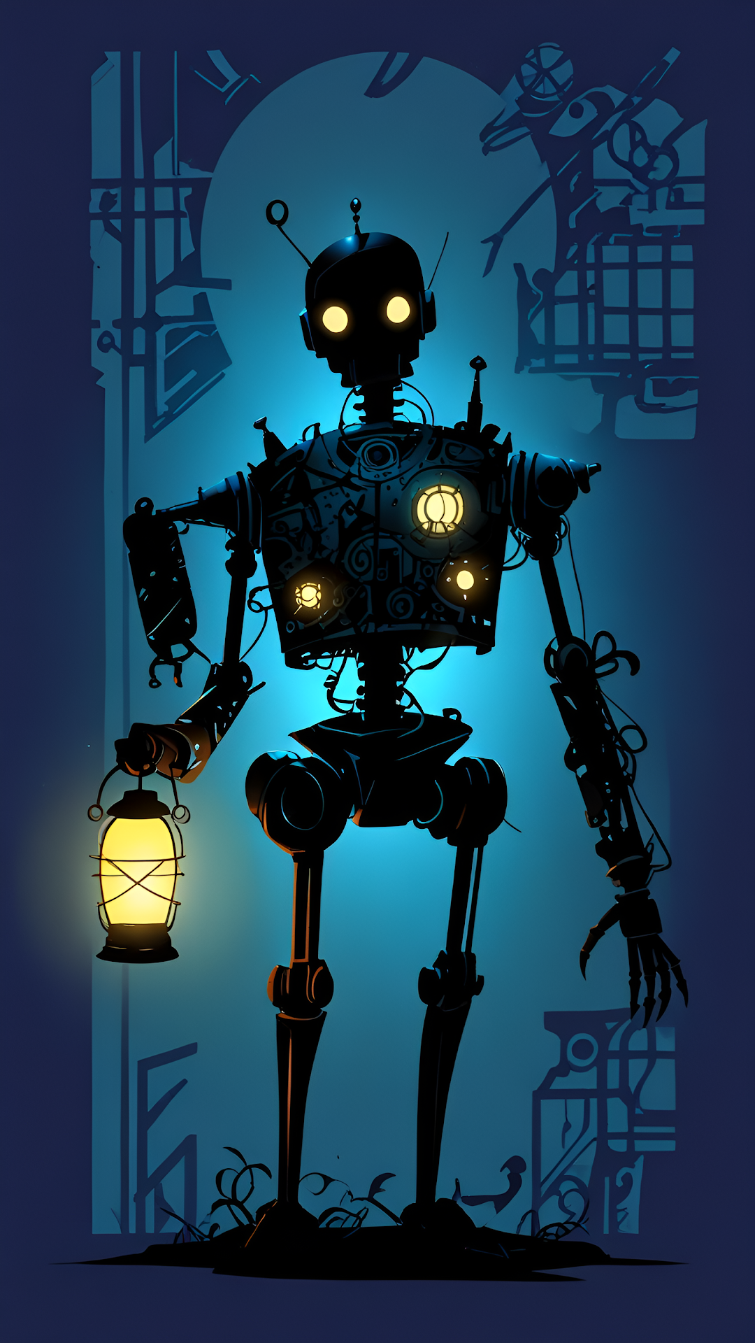 Steampunk Robot Silhouette Holding Glowing Yellow Lantern - Free 4K mobile Wallpaper