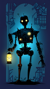 Steampunk Robot Silhouette Holding Glowing Yellow Lantern