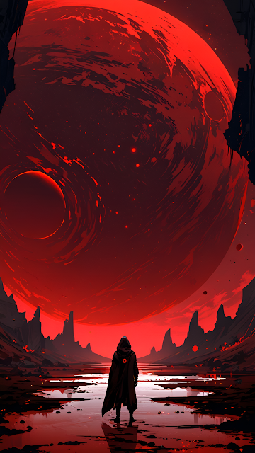 Hooded Figure Under Giant Red Planet on Alien World - Free mobile Wallpaper