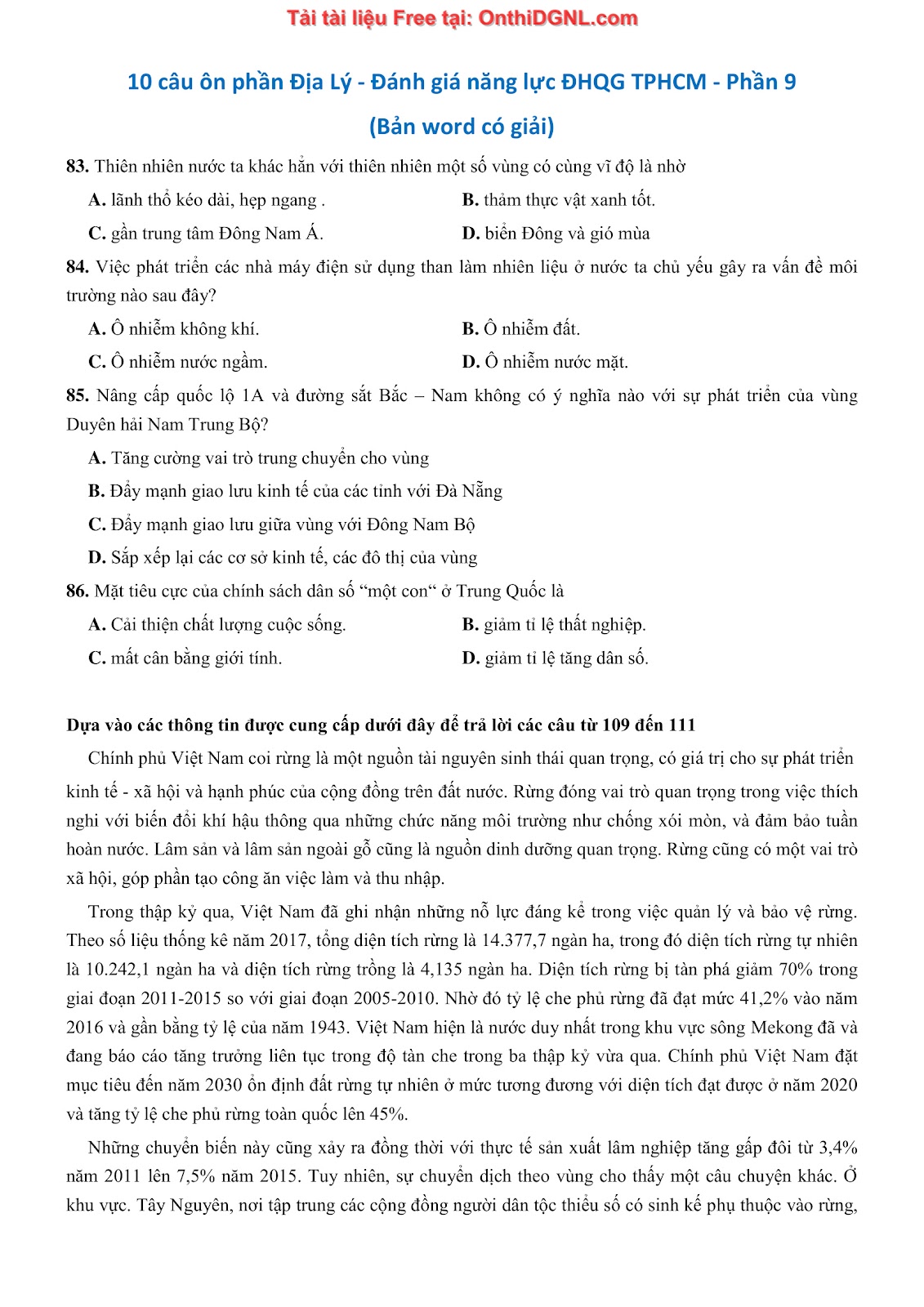 250 bài tập môn Địa Lý - Ôn thi ĐGNL ĐHQG TP HCM Phần 9