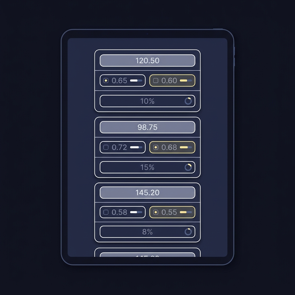 How to Read Live Odds on FundedPlays minimalist 2D vector of a tablet showing a decision log template with cards for price converted probability adjusted probability and stake percent in Funded Plays color palette