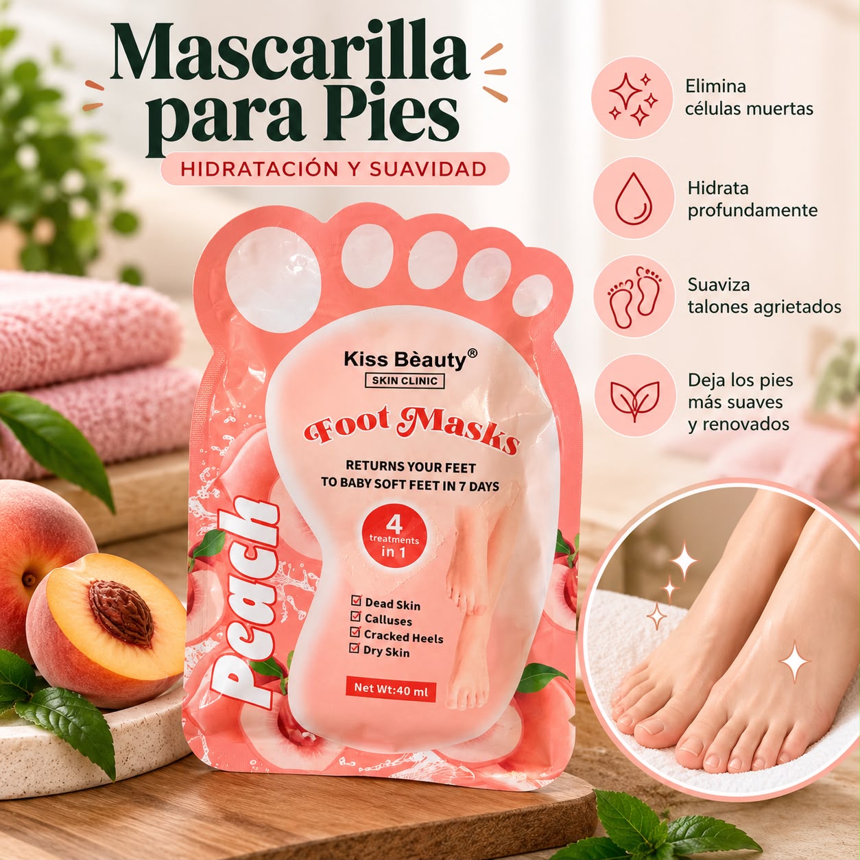 Mascarilla exfoliante para pies de durazno
