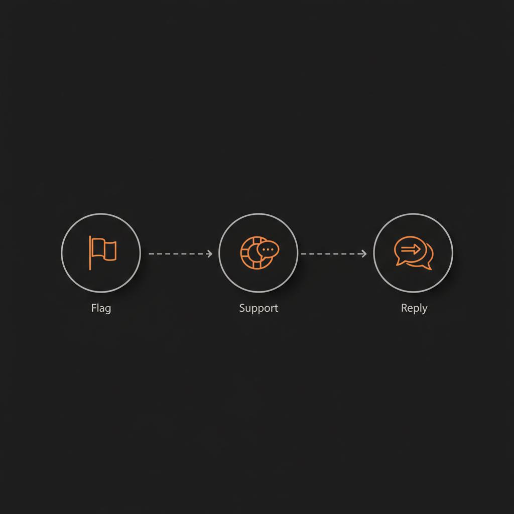 Minimal vector infographic showing a three-step removal workflow (Flag → Support → Reply) illustrating how to delete a Google review page, black background with Social Success Hub brand colors.