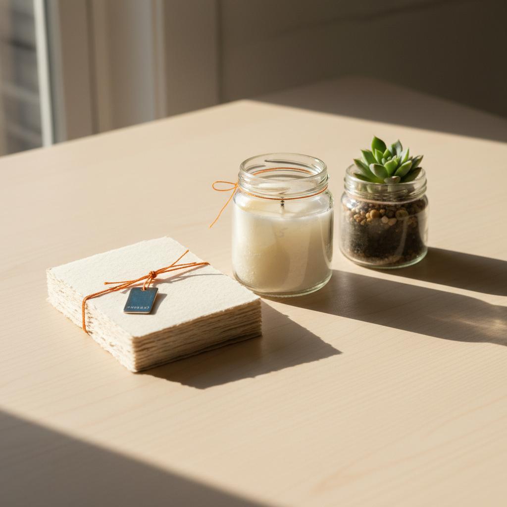 Nahaufnahme von selbstgemachte geschenke freundin: Fotoalbum, Kerze im Glas und Sukkulente auf hellem Holztisch, Fokus auf Papierkanten, Wachstextur und metallischem Anhänger.