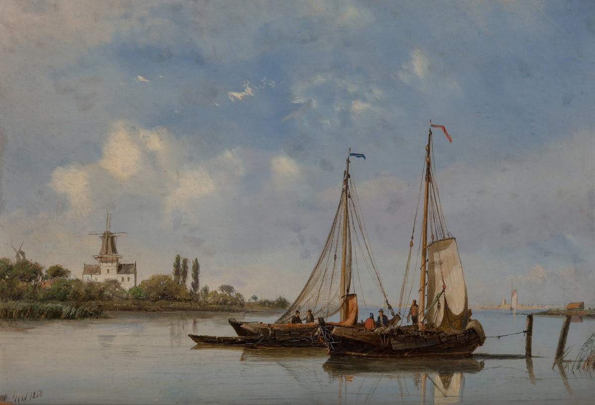 Moored fishing boats with windmills in the background 1858