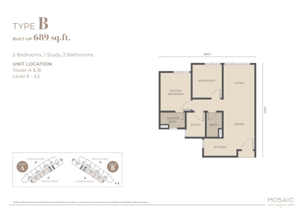 Mosaic Type B floor plan — 689 sq ft, 2 bedrooms