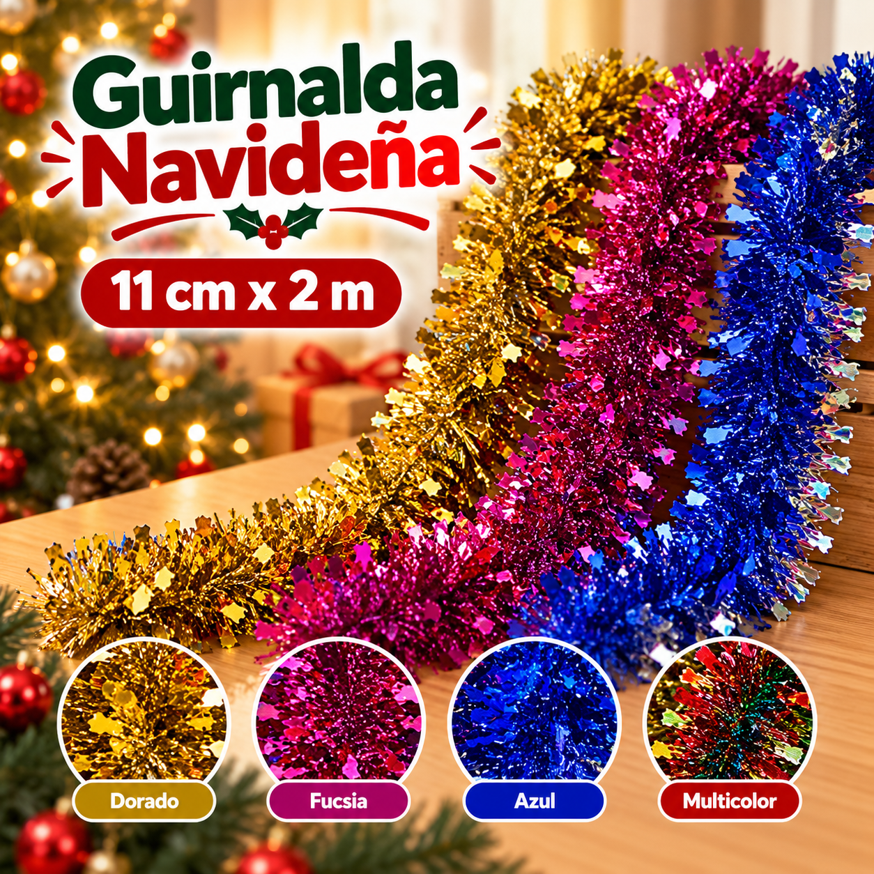 Guirnalda navideña de tinsel tupida 11 cm x 2 m