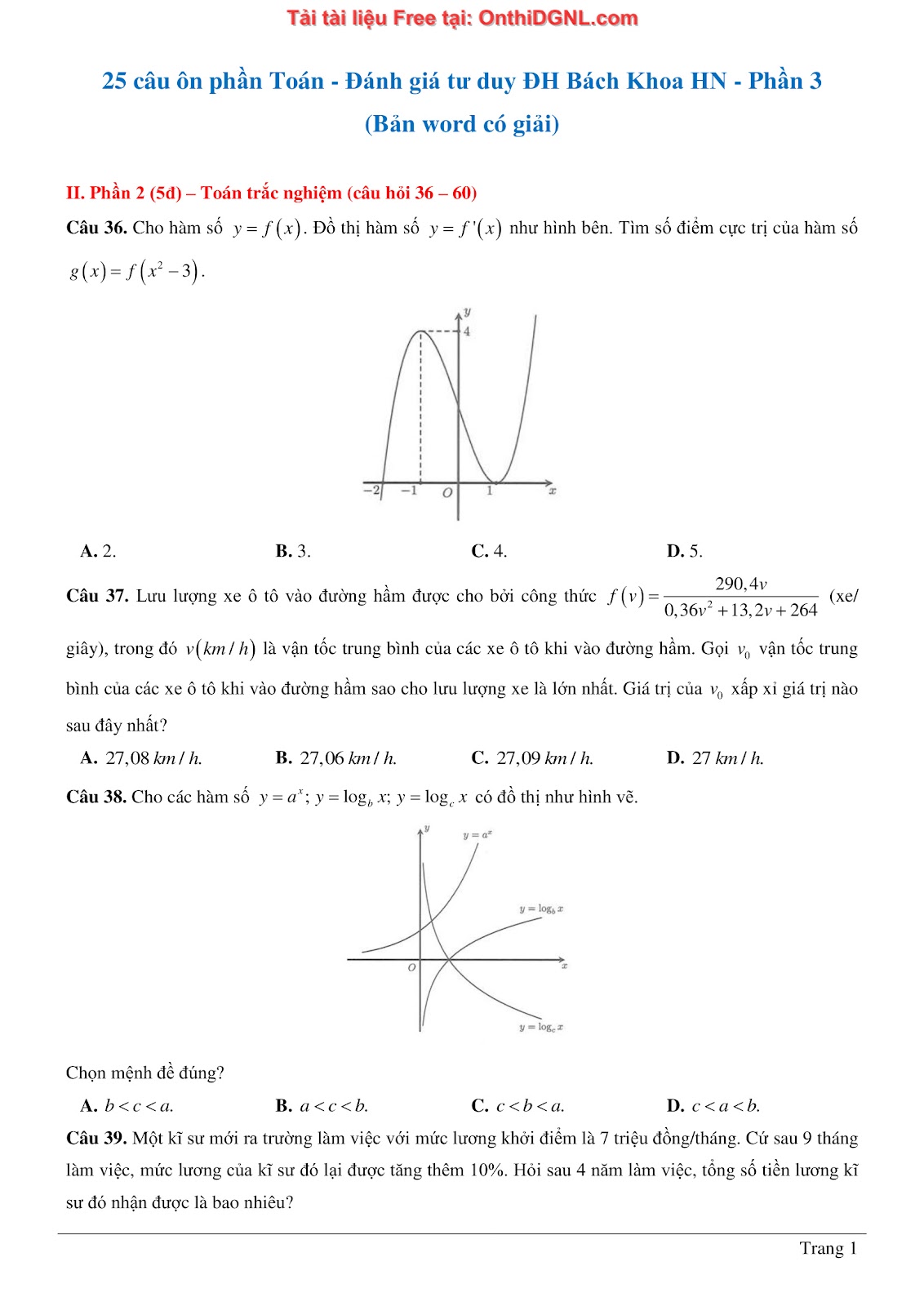 475 bài tập môn Toán - Ôn thi ĐGTD ĐH Bách Khoa Hà Nội Phần 3