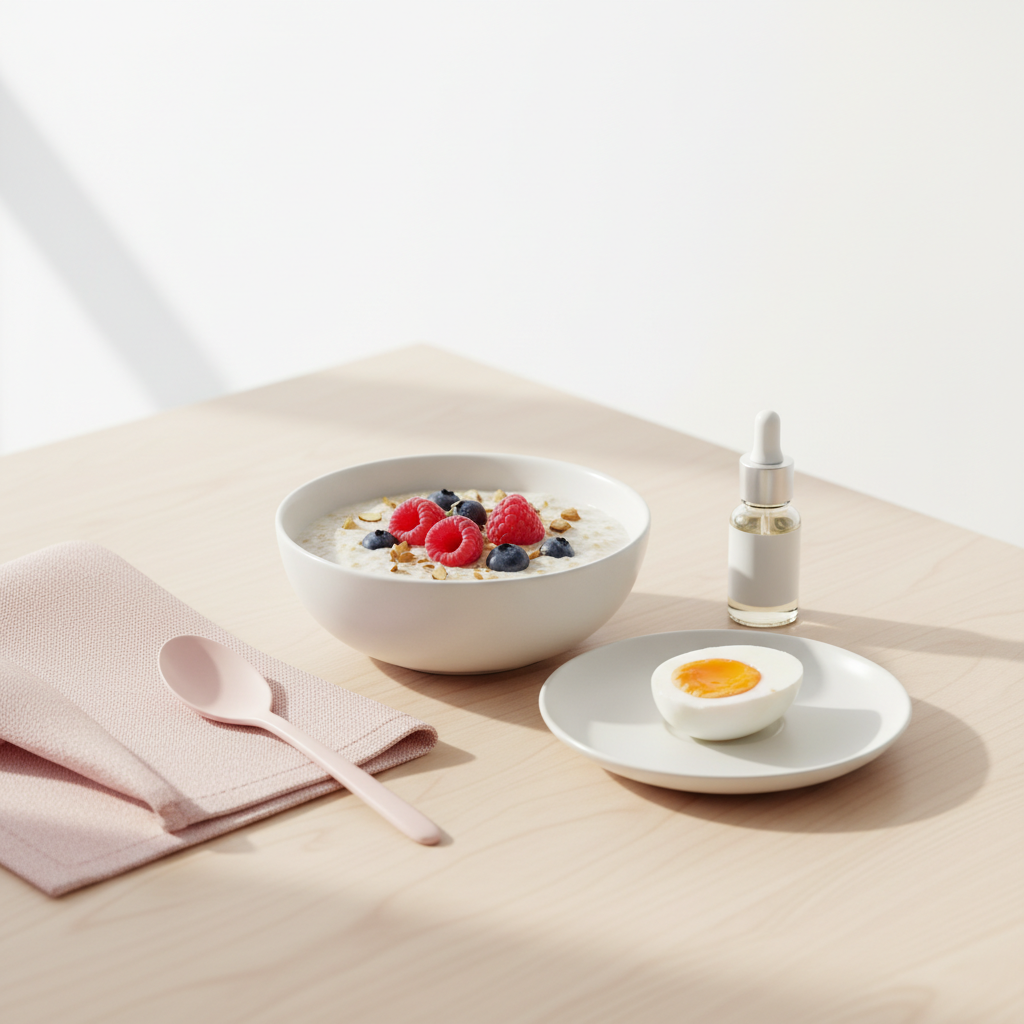 Was essen für harte Fingernägel? Minimalistisches Frühstück: Haferflocken mit Beeren, weichgekochtes Ei und unbeschriftete Nagelhautöl‑Flasche auf hellem Holztisch vor weißem Hintergrund.