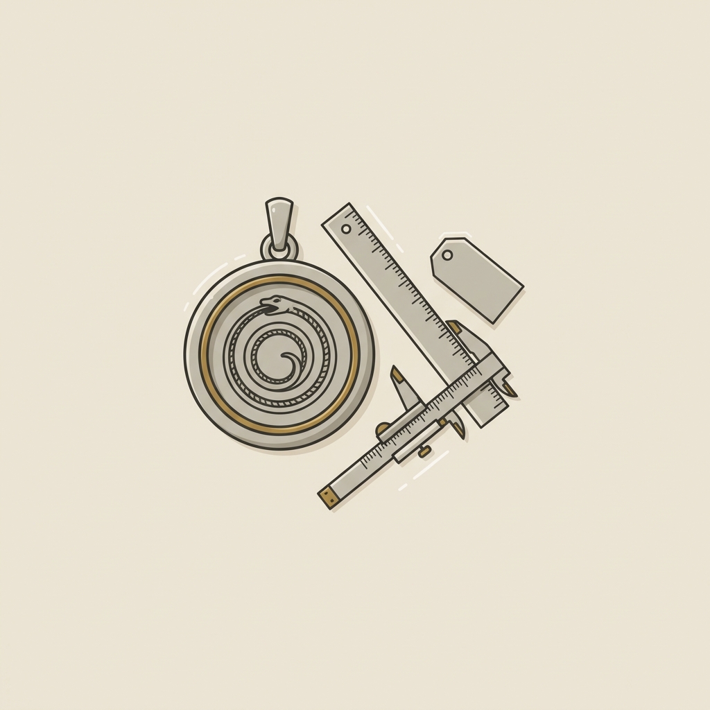 2D vector close up of an ouroboros snake ring style intaglio bezel beside caliper and blank provenance tag on pale beige background minimalist design
