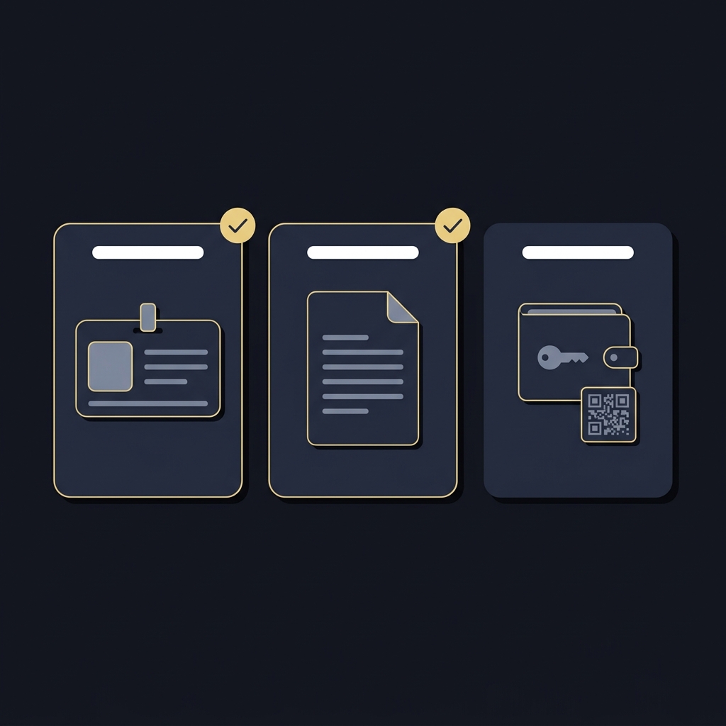 Minimalist 2D vector checklist showing ID card proof of address and crypto wallet icons on dark Funded Plays background with accent checkmarks betnow phone number