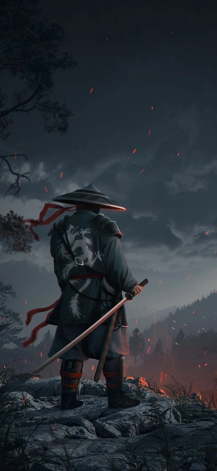 Samurai Warrior On Rocky Cliff - Digital Concept Art iPhone Wallpaper (736x1594)