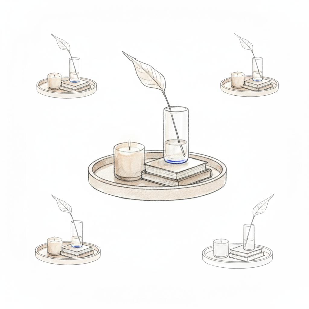 Notebook-style sketch of a coffee-table-tray still life with a candle, narrow glass vase with single stem, and stacked books, charcoal lines and a blue #1a5bfb accent