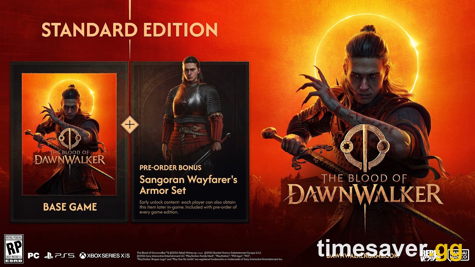 The Blood of Dawnwalker Standard Edition promo showing the base game and the Sangoran Wayfarer's Armor Set pre-order bonus, with a note that the armor can also be obtained later in-game