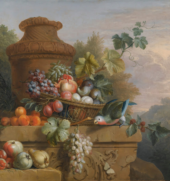 Still Life With A Basket Of Fruit A ParrotAnd An Urn On A Carved Stone Ledge