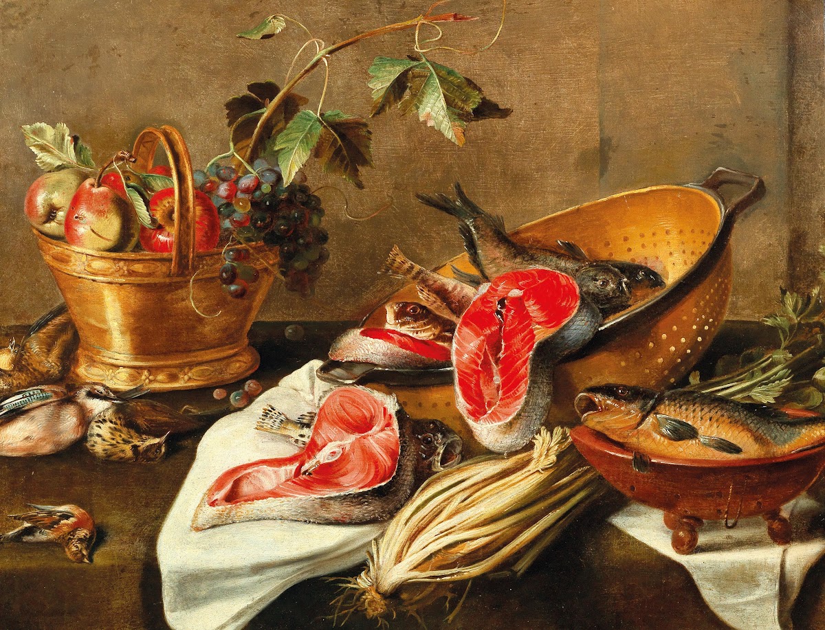 Still life with fruit in a copper vessel fish and game