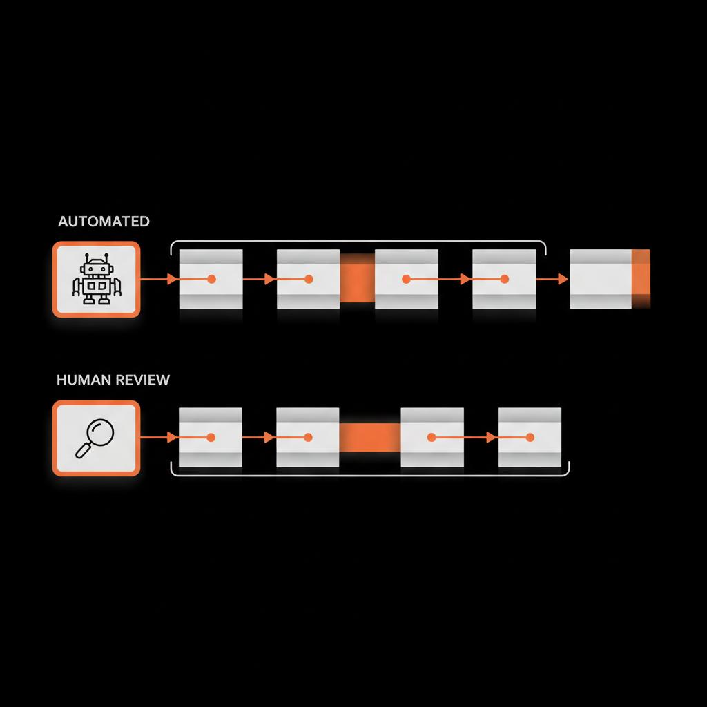 Minimal full-frame infographic showing layered vector blocks for Automated (robot icon) and Human review (magnifier icon) paths on a black background with brand accents — Google review removal time