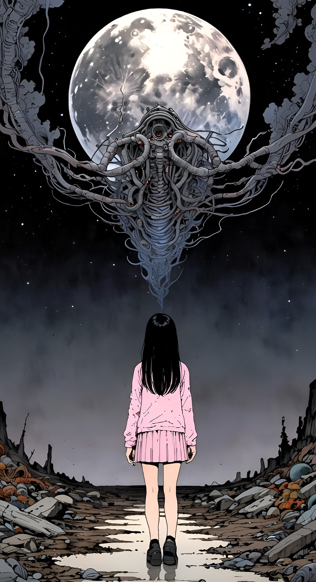 Post Apocalyptic Girl Staring at Cosmic Tentacle Entity - Free 4K mobile Wallpaper