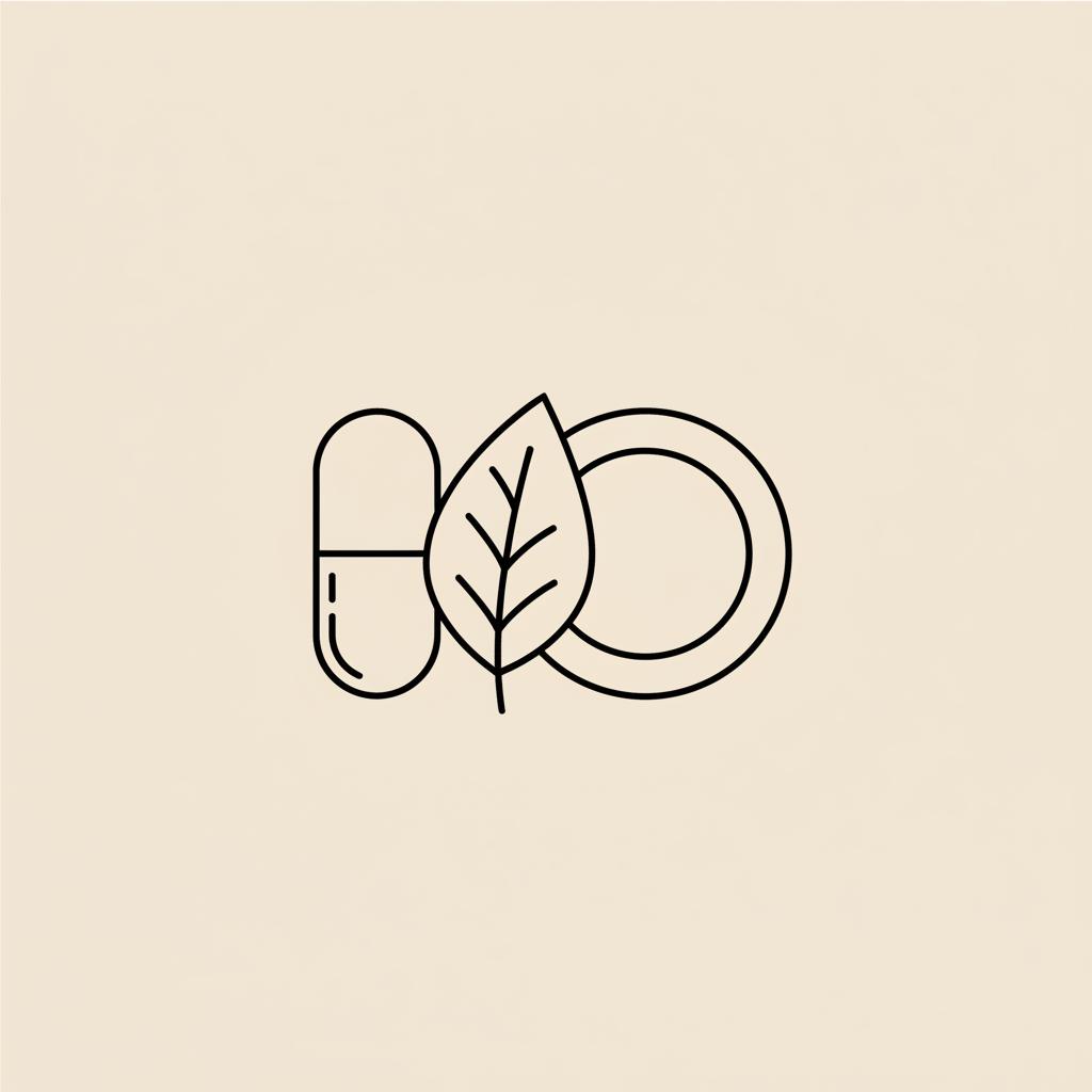 Minimal Tonum-style vector line illustration of a capsule, leaf and plate on beige background representing berberine dosage for weight loss