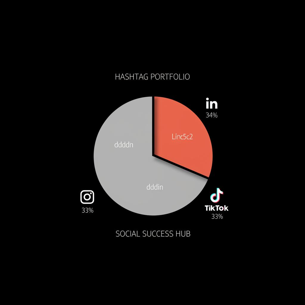 Minimal vector infographic of a balanced hashtag portfolio pie chart with Instagram, TikTok and LinkedIn icons on a black background — how to identify the best hashtags