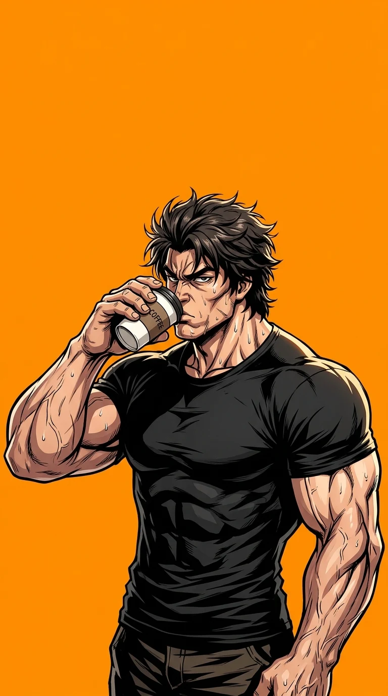 Anime Style Illustration of a Muscular Man Drinking Coffee on Orange Background - Free 4K mobile Wallpaper