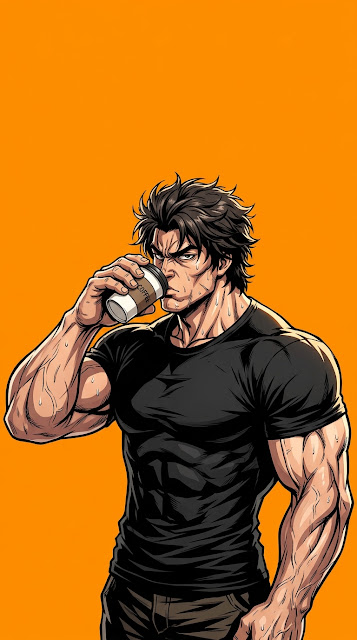 Anime Style Illustration of a Muscular Man Drinking Coffee on Orange Background - Free mobile Wallpaper