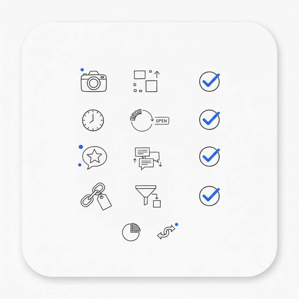 Overhead 2D vector checklist page for Google Business Profile showing icons for photos, hours, reviews and UTM links with blue brand accents