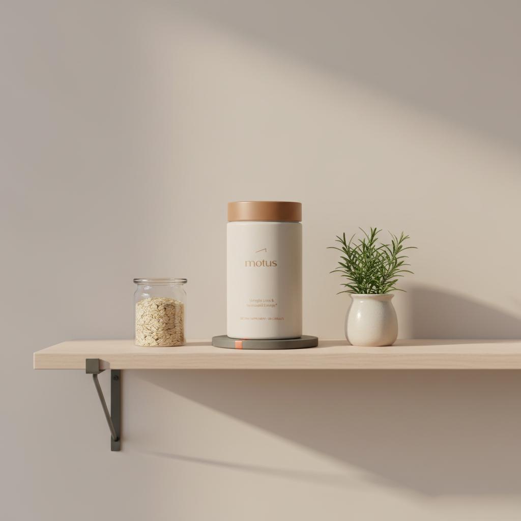 Motus container on a minimalist wooden shelf with a glass jar of oats and a green sprig, Tonum brand colors in the scene, highlighting pendulum weight loss.