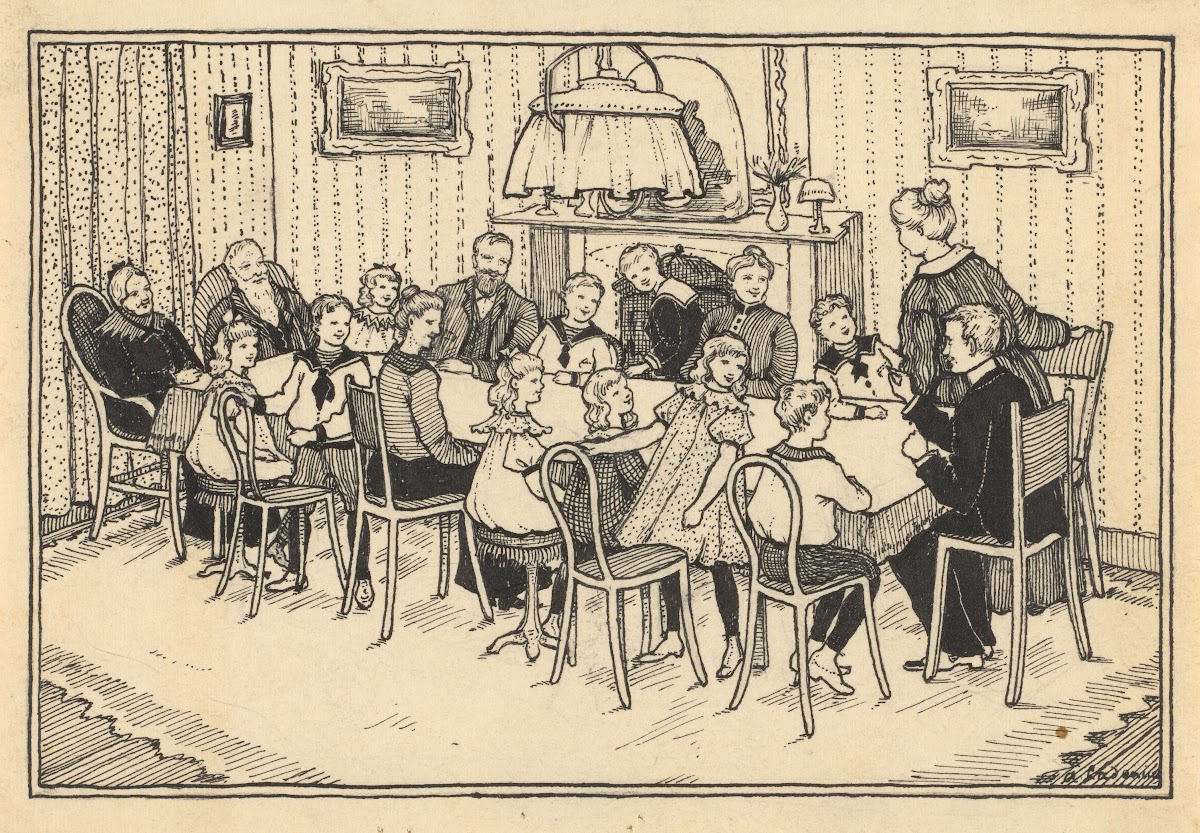 Zeventien familieleden om een tafel