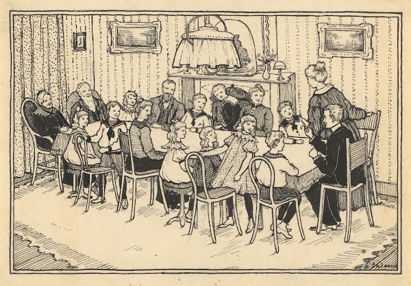 Zeventien familieleden om een tafel