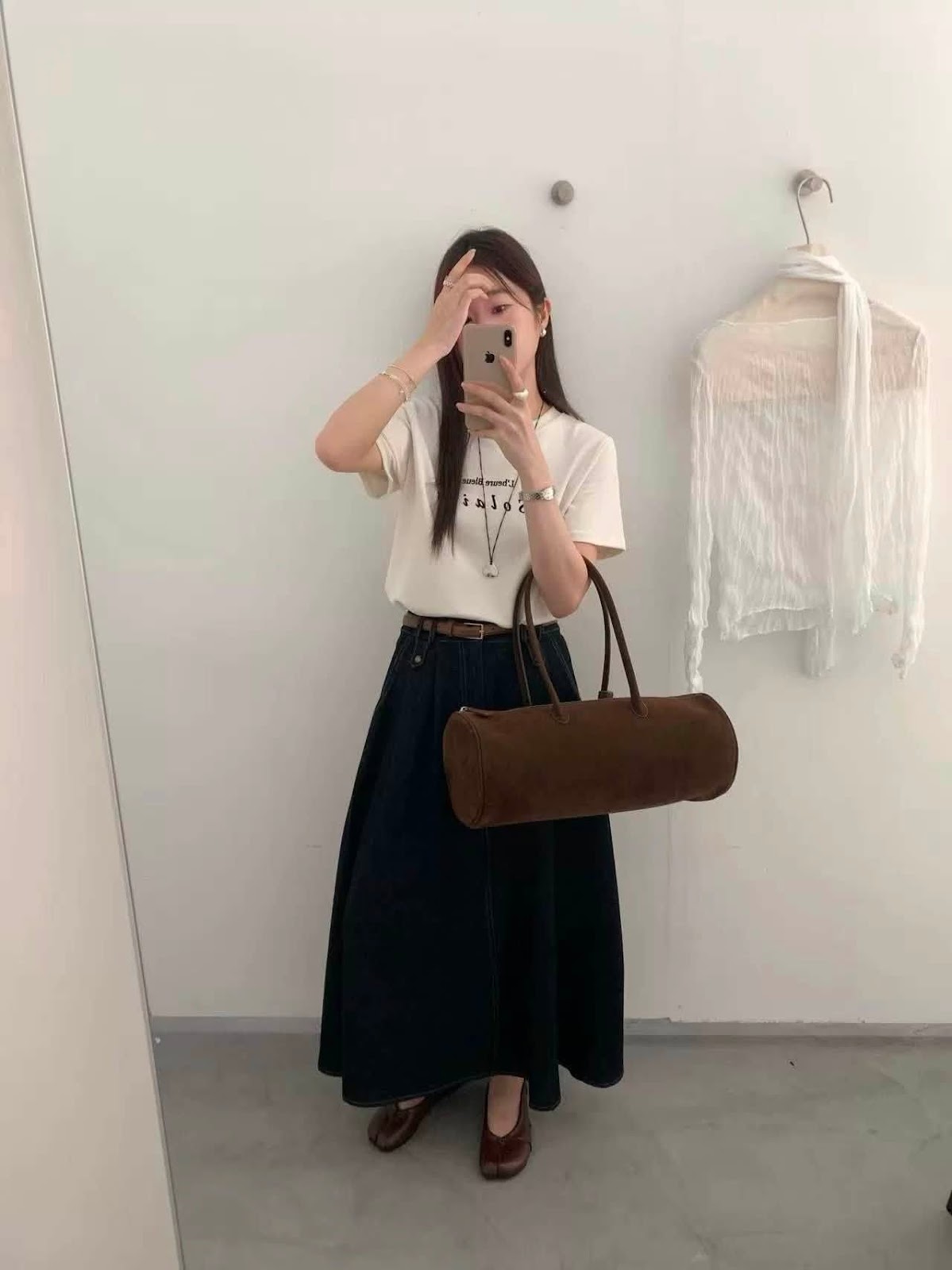Chân váy dài jean xòe đính đai đinh lưng chun XONXEN SHOP 88820 – Image 9