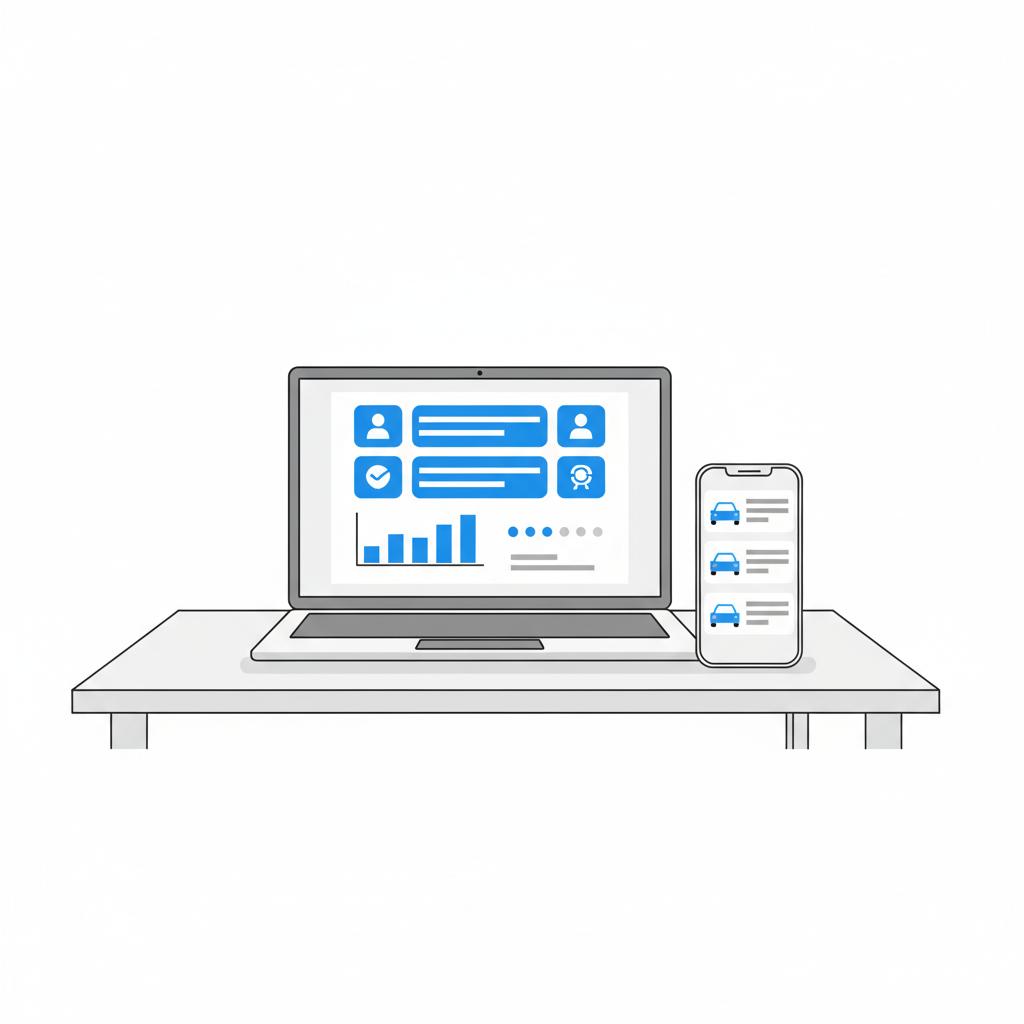 Vector illustration of laptop with a vehicle history report and smartphone listings illustrating ACV of a car on a clean white desk