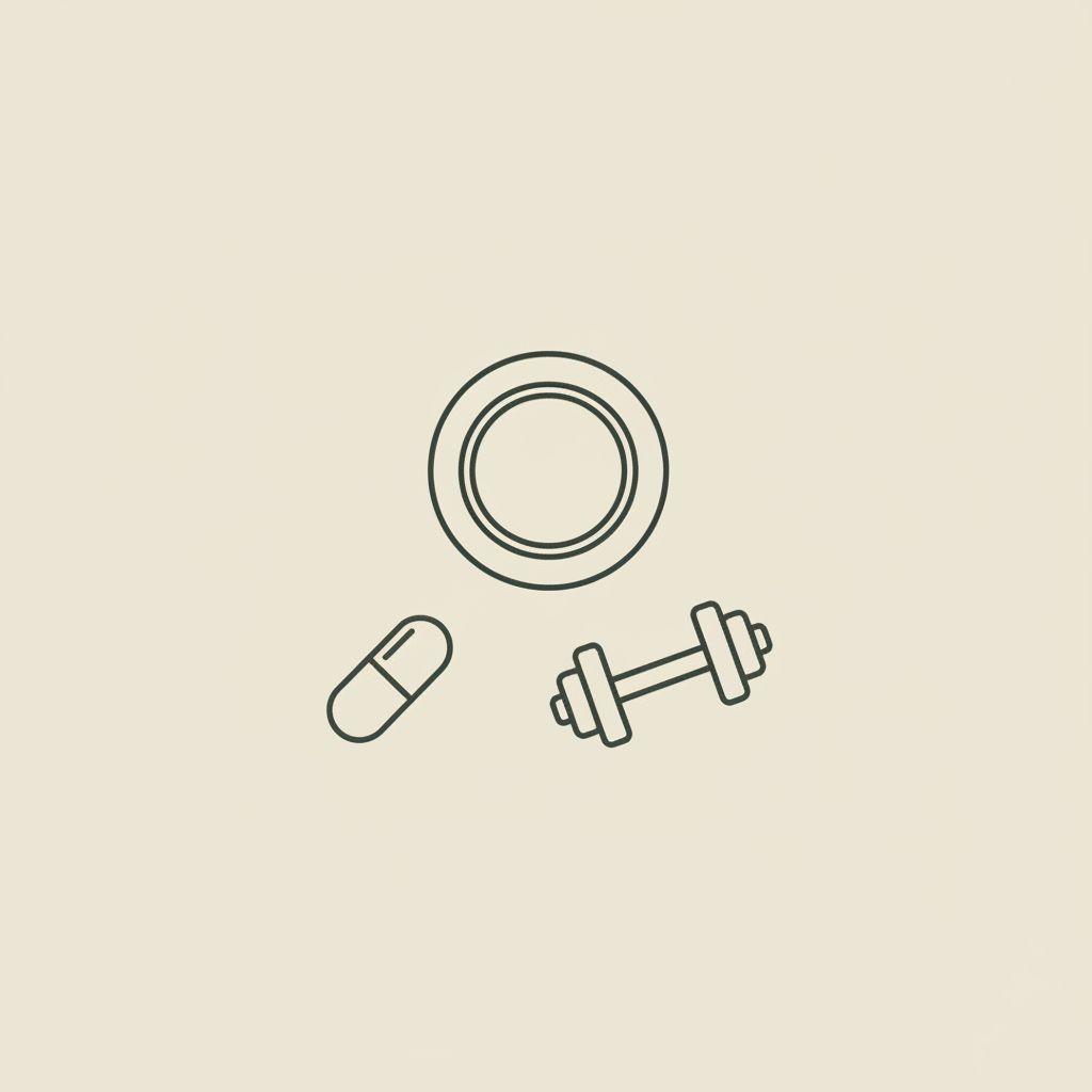 Minimal Tonum-style vector line icon of a plate, a capsule, and a dumbbell on beige background, representing nutrition, supplements and exercise for testosterone and belly fat.