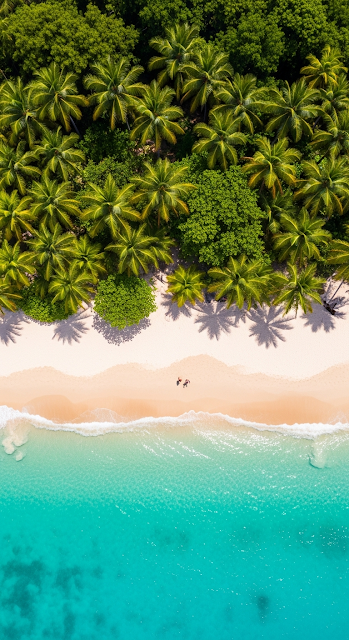 Vibrant Aerial View of Palm Trees Over a White Sand Beach and Turquoise Water - Free mobile Wallpaper