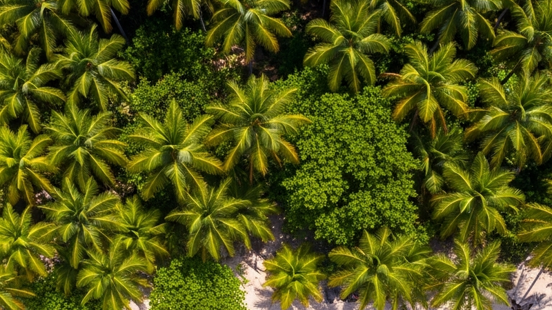 Vibrant Aerial View of Palm Trees Over a White Sand Beach and Turquoise Water