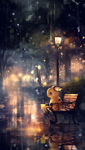 Pichu on Rainy Park Bench Under Glowing Streetlamp