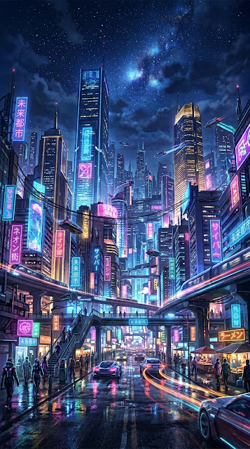 Futuristic Neon Night Cityscape with Starry Sky and Wet Pavement Reflections - Free mobile Wallpaper