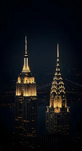 Empire State and Chrysler Buildings Illuminated at Night
