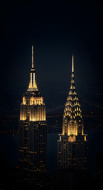 Empire State and Chrysler Buildings Illuminated at Night - Free mobile Wallpaper